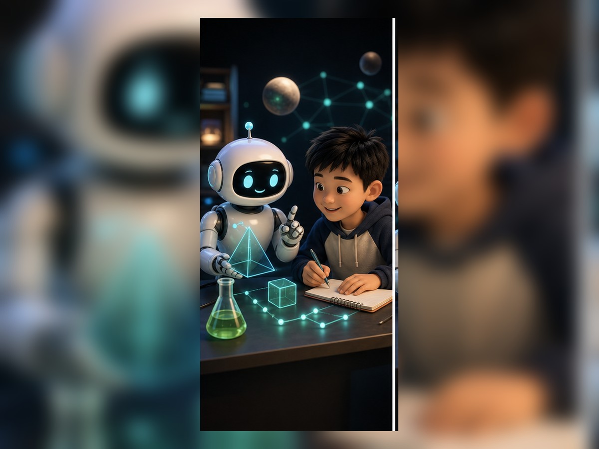 第 06 课 3D 插图：机器人和小朋友学习 AI 可以教你思考，但不能替你思考