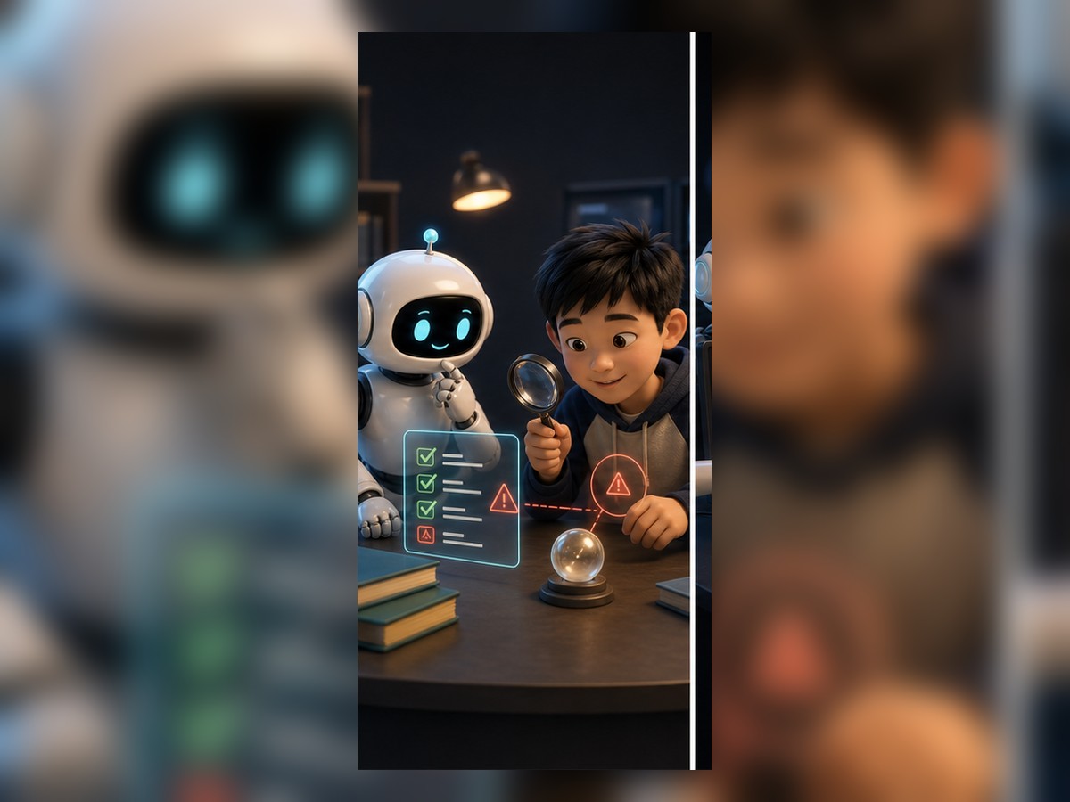 第 08 课 3D 插图：机器人和小朋友学习 AI 说得像真的，不代表就是真的