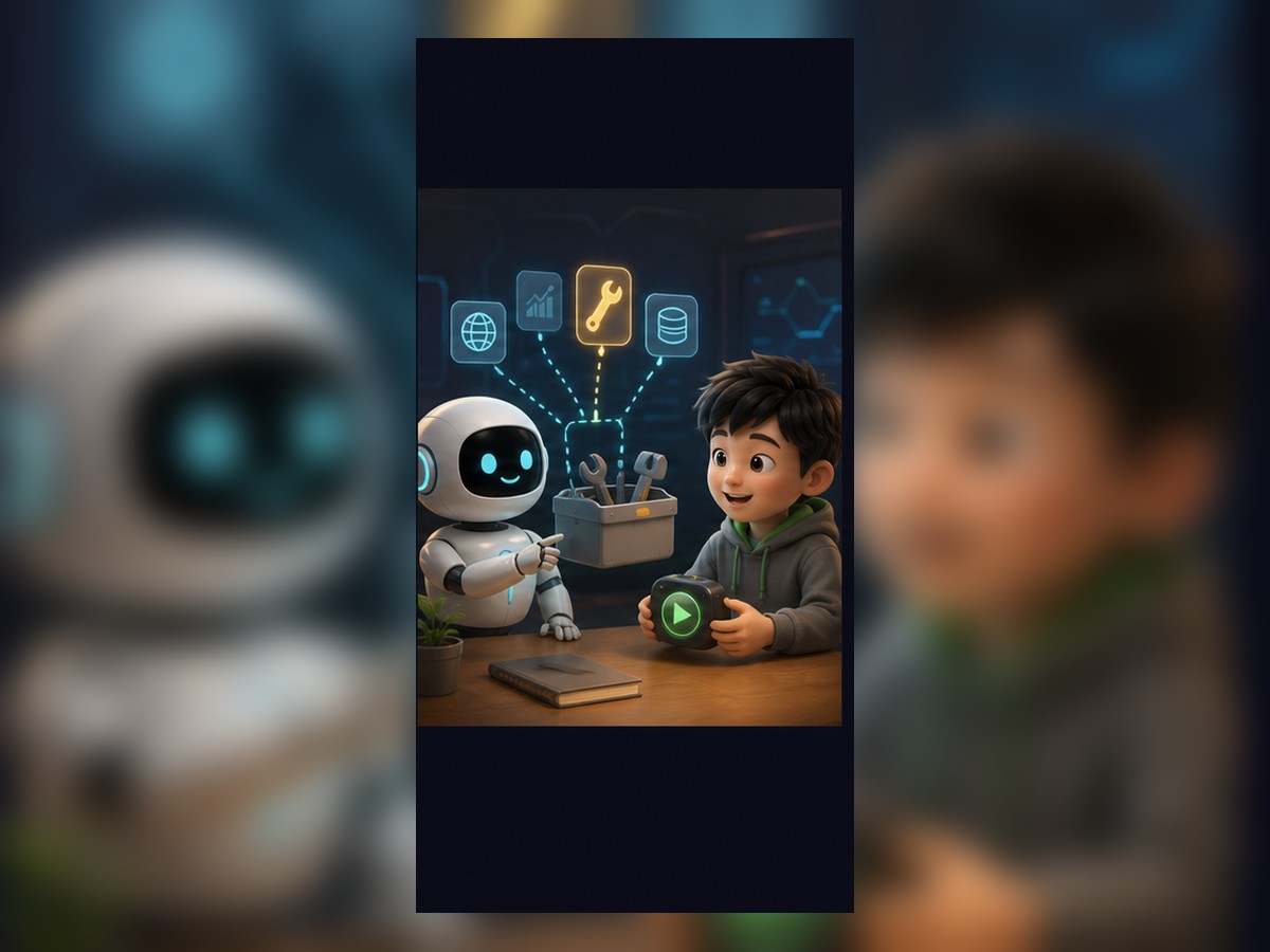 第 15 课 3D 插图：机器人和小朋友学习 AI 不只回答，还可以决定使用工具
