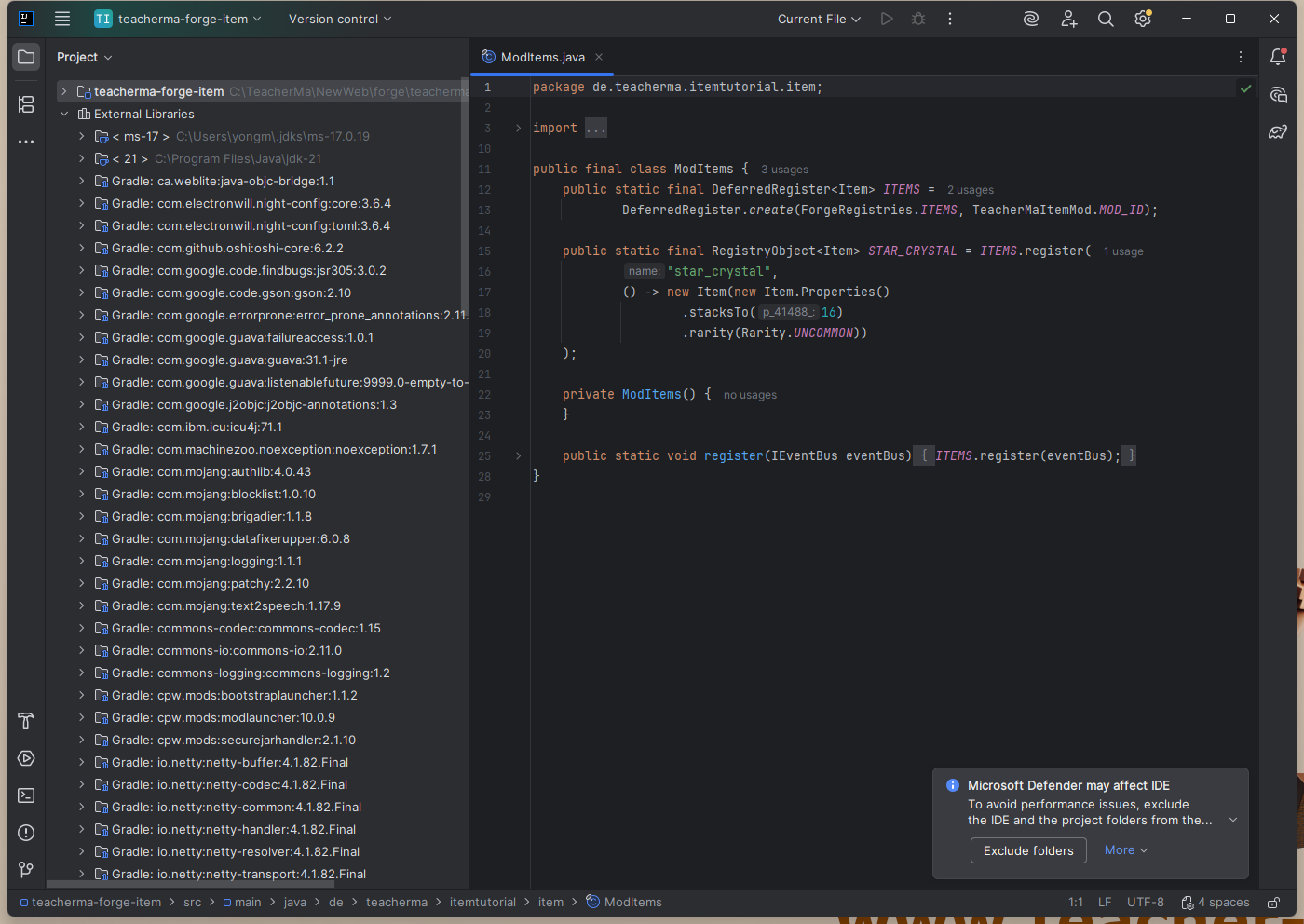 IntelliJ IDEA 中完整显示 ModItems 类的 DeferredRegister、RegistryObject 和 star_crystal 注册代码