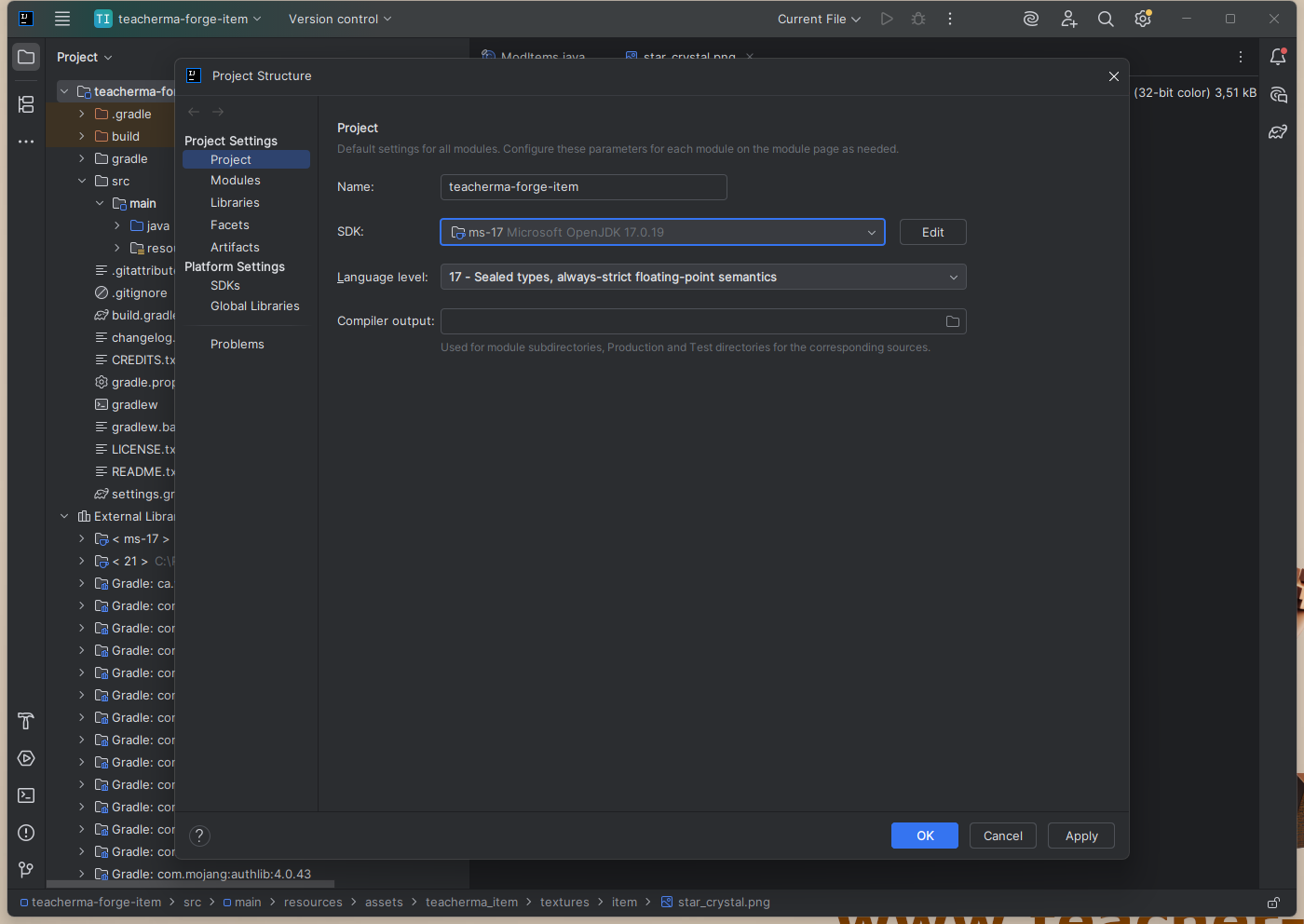 IntelliJ Project Structure 中 Project SDK 为 Microsoft OpenJDK 17.0.19，Language level 为 17