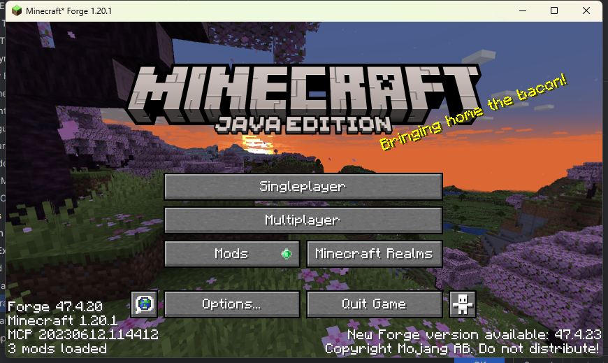 Minecraft Forge 1.20.1 开发客户端主菜单，左下角显示 Forge 47.4.20、Minecraft 1.20.1 和 3 mods loaded