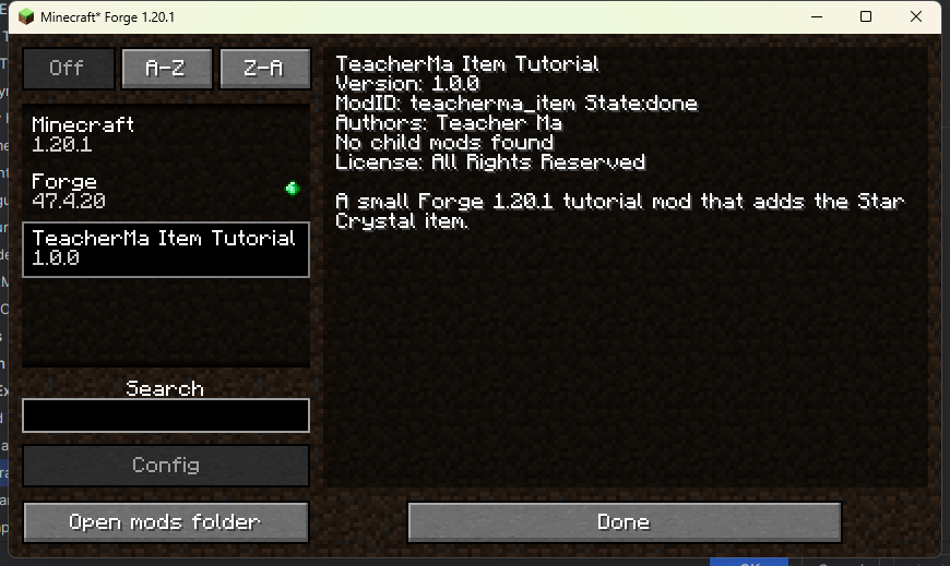 Forge Mods 列表中选中 TeacherMa Item Tutorial，右侧显示 ModID teacherma_item、版本和描述