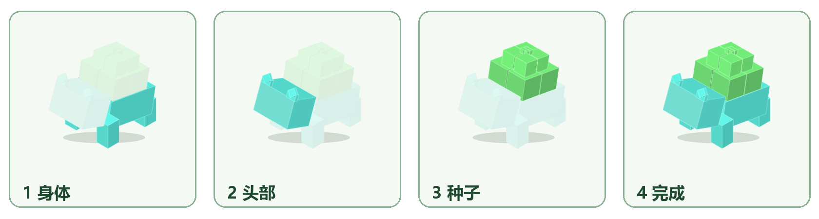 妙蛙种子模型从身体、头部、种子到完成的四步结构