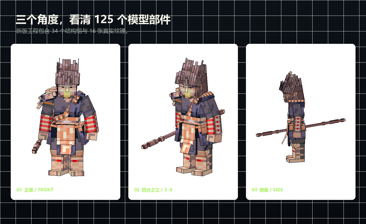 悟空 Blockbench 角色模型的正面、四分之三和侧面视图